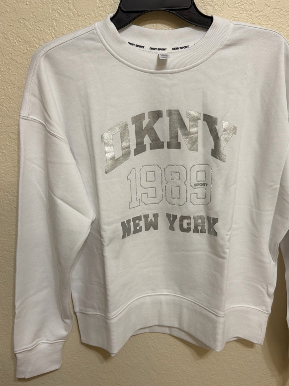 DKNY White Crewneck Sweatshirt with Silver Logo Print